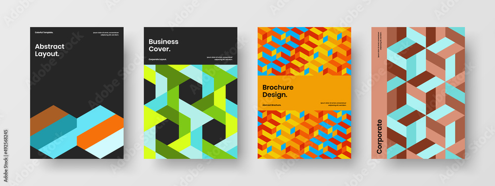 Obraz premium Premium leaflet design vector illustration set. Original geometric hexagons flyer template collection.