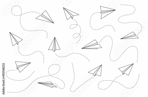 Plane icon with fly rout vector. Paper airplane in hand drawn style. Outline paper aircraft. Doodle message, sms, e-mail symbols.