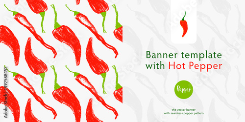 Vector hot pepper banner. Hand-drawn pattern. Peppers illustration. Pepper drawings. Red chilli background. Organic homemade vegetables. Vegan food wallpaper. Spices backdrop. Vegetarian restaurant.
