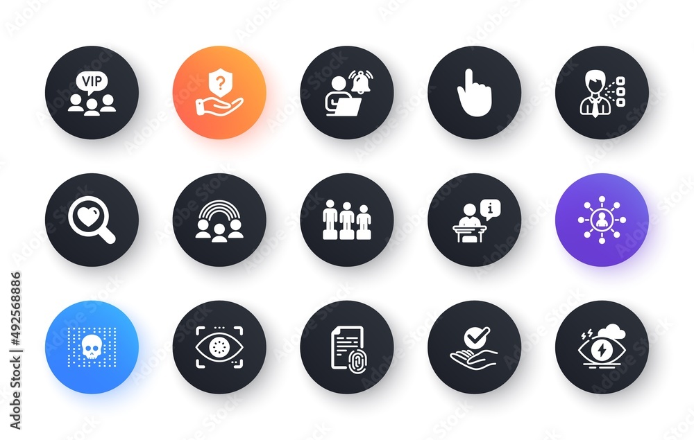 Minimal set of Equality, Inclusion and Hand click flat icons for web development. Podium, Fingerprint, User notification icons. Vip clients, Cyber attack, Approved web elements. Vector Minimal set of Equality, Inclusion and Hand click flat icons for web development. Podium, Fingerprint, User notification icons. Vip clients, Cyber attack, Approved web elements. Vector