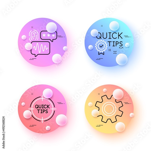 Quick tips, Tips and Biometric security minimal line icons. 3d spheres or balls buttons. Service icons. For web, application, printing. Helpful tricks, Quick tricks, Fingerprint secure. Vector