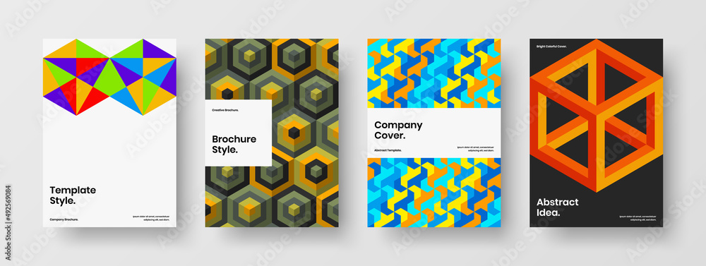 Multicolored banner A4 vector design concept collection. Creative mosaic shapes pamphlet layout bundle.