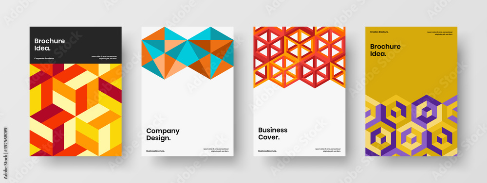 Multicolored geometric hexagons book cover template composition. Fresh leaflet A4 design vector layout collection.