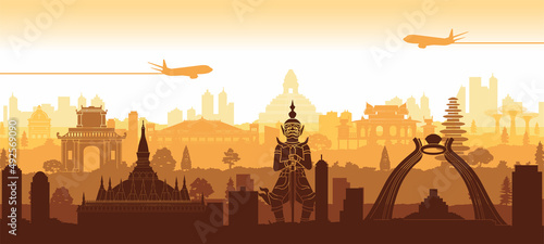 silhouette design of ASEAN landmarks with row step design,vector illustration photo