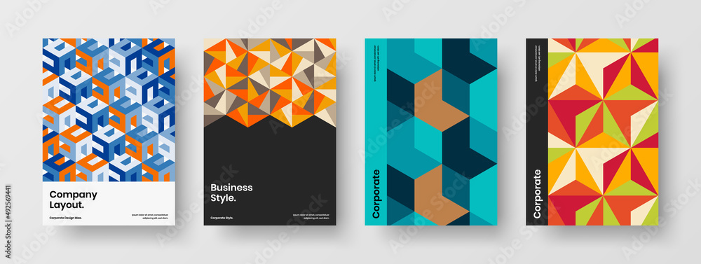 Multicolored corporate cover vector design layout composition. Abstract geometric hexagons annual report template collection.