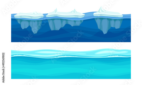 Ocean or sea water waves set. Blue seamless water surface with floating ice vector illustration