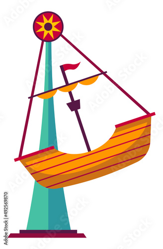 Swinging boat. Amusement park ride. Child amuse swing