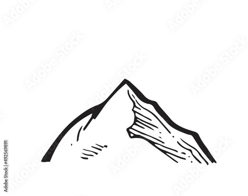 Big stone rock from afar. A piece of cliff. In the style of contour engraving. Outline sketch. Hand drawing is isolated on a white background. Vector