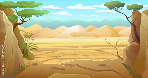 Dunes of desert and mountains in distance. Stone rocks, sandstone and stones. Landscape of southern countryside. Cool cartoon style. Vector