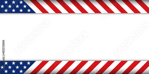 America USA red blue striped line background banner template with shadow and black empty white space.