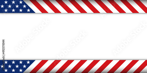 America USA red blue striped line background banner template with shadow and black empty white space.