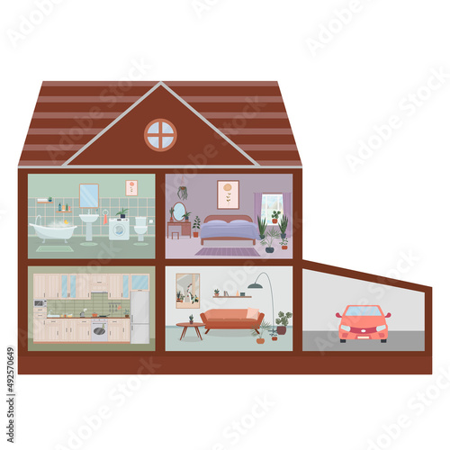 House cut. Detailed home interior with furniture. Kitchen, living room, bedroom.