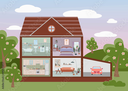 House cut. Detailed home interior with furniture. Kitchen, living room, bedroom.