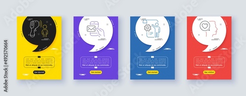 Set of Electronic thermometer, Settings blueprint and Messenger mail line icons. Poster offer frame with quote, comma. Include Romantic talk icons. For web, application. Vector