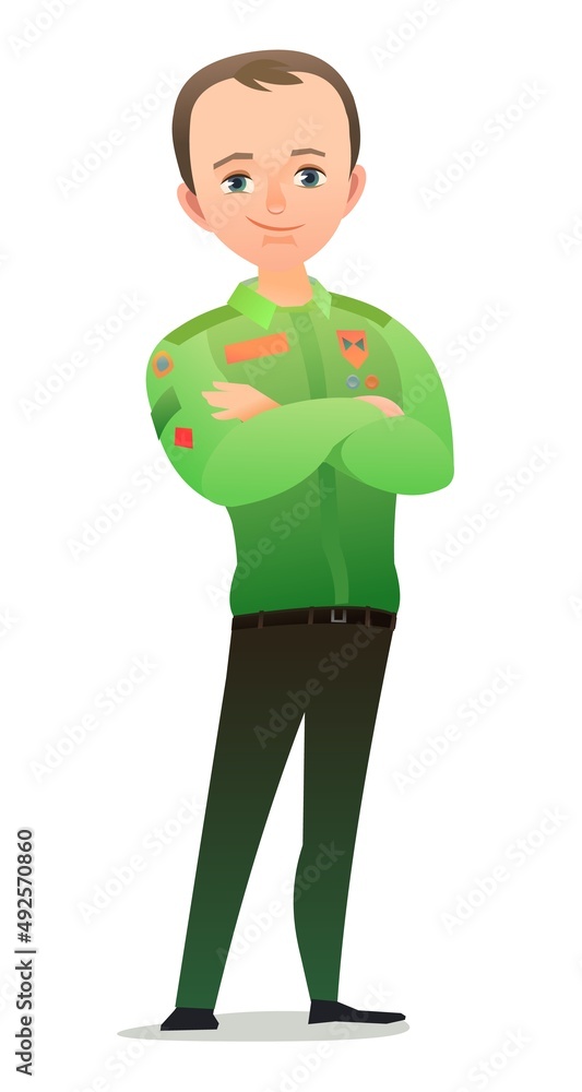 Pretty little boy in scout uniform with badges. Cheerful guy. Standing pose. Cartoon flat design in comic style. Single character. Illustration isolated on white background. Vector Pretty little boy in scout uniform with badges. Cheerful guy. Standing pose. Cartoon flat design in comic style. Single character. Illustration isolated on white background. Vector