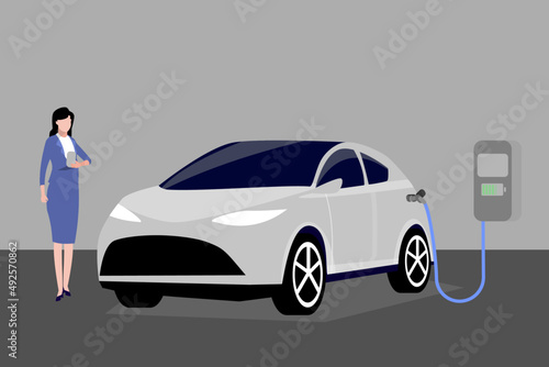 Flat design EV Car Charging at home with business women.Electric vehicle charging technology vector illustration,Isolate background.future technology concept.Green energy,ECO Car.