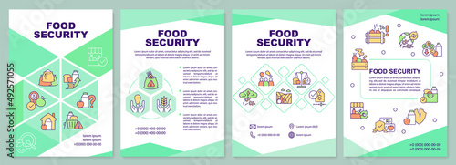 Food security brochure template. Accessible and affordable food. Leaflet design with linear icons. 4 vector layouts for presentation, annual reports. Arial-Black, Myriad Pro-Regular fonts used