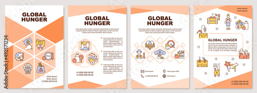 Global hunger brochure template. Food insecurity and starvation. Leaflet design with linear icons. 4 vector layouts for presentation, annual reports. Arial-Black, Myriad Pro-Regular fonts used photo