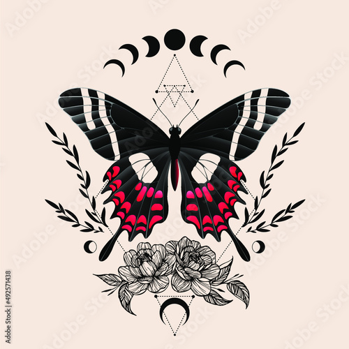 Vector illustration with butterfly. Abstract mystic sign. Black linear shape. For you design, tattoo or magic craft.