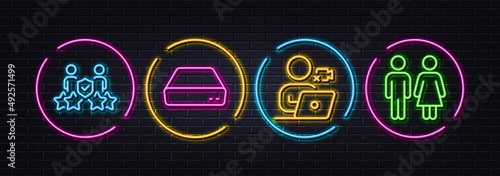 Mini pc, Security agency and Video conference minimal line icons. Neon laser 3d lights. Restroom icons. For web, application, printing. Computer, Body guards, Online training. Wc toilet. Vector