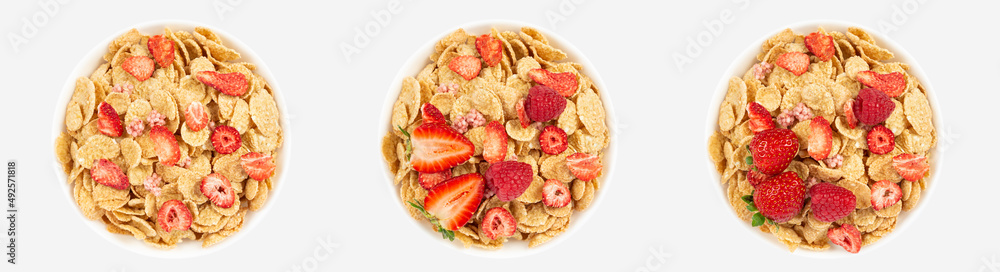 strawberry corn flakes in bowl on white background strawberry corn flakes in bowl on white background