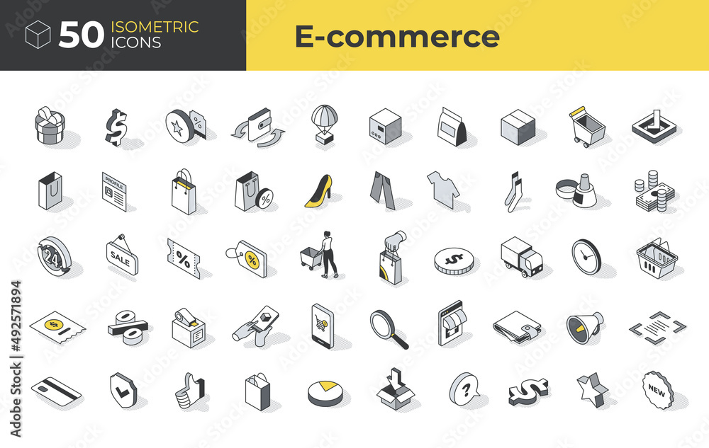 50 E-commerce Isometric Icons - obrazy, fototapety, plakaty 