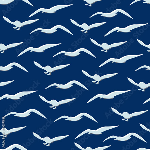 Seagulls seamless pattern. Cartoon white gulls flying on dark blue background. Marine vector endless pattern
