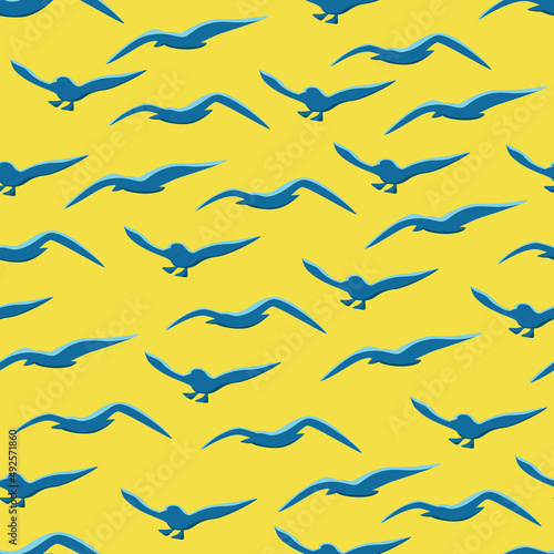Seagulls seamless pattern. Cartoon blue gulls flying on yellow background. Marine vector endless pattern