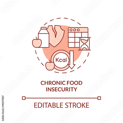 Chronic food insecurity red concept icon. Types of food insecurity abstract idea thin line illustration. Isolated outline drawing. Editable stroke. Arial, Myriad Pro-Bold fonts used