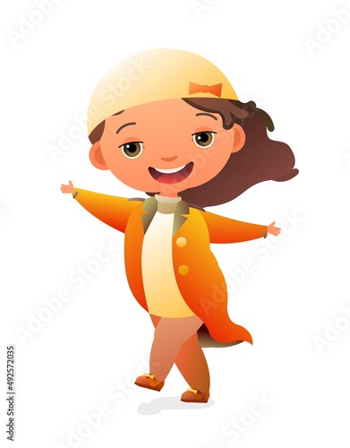 Little girl preschooler. Person in autumn clothes. In an elegant long coat. Cute child.vCheerful funny kid. Baby joy. Cartoon style illustration. Flat design. Isolated on white background. Vector photo