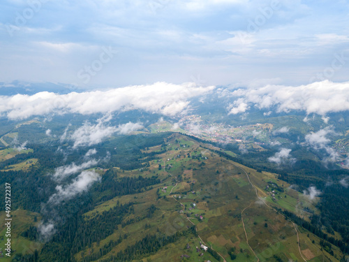 High flight in the mountains of the Ukrainian Carpathians. Aerial drone view. © Sergey
