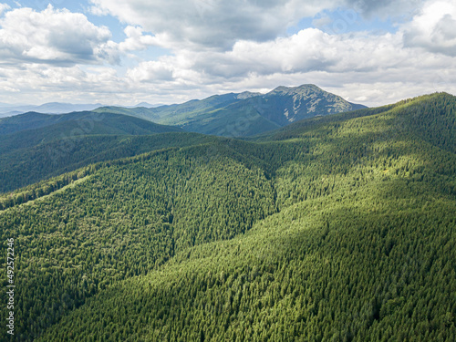 High mountains of the Ukrainian Carpathians in sunny weather. Aerial drone view. © Sergey