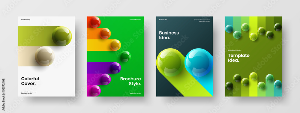 Modern corporate brochure A4 design vector concept collection. Premium realistic balls presentation template composition.