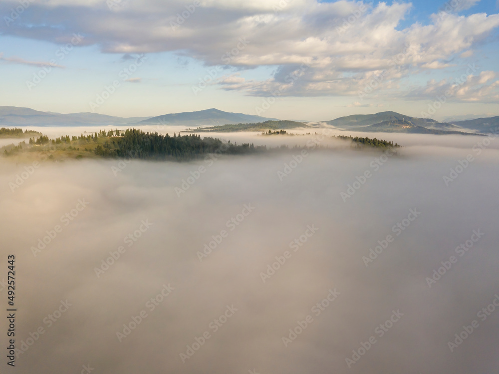 Flight over fog in Ukrainian Carpathians in summer. Mountains on the horizon. A thick layer of fog covers the mountains with a continuous carpet. Aerial drone view.
