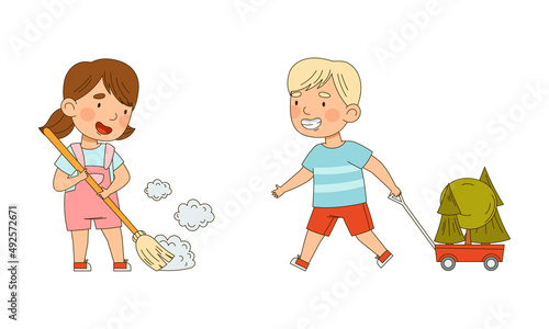 Ecology and environment concept. Cute kids sweeping and planting trees vector illustration
