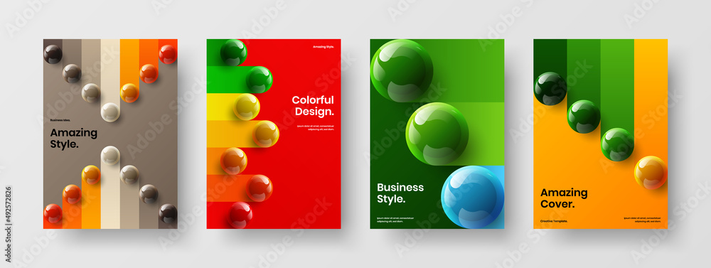 Trendy 3D balls placard layout set. Minimalistic magazine cover design vector illustration bundle.