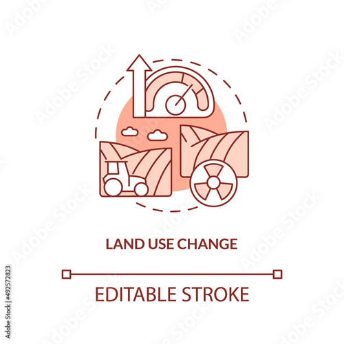 Land use change red concept icon. Soil contamination. Risks to food security abstract idea thin line illustration. Isolated outline drawing. Editable stroke. Arial, Myriad Pro-Bold fonts used