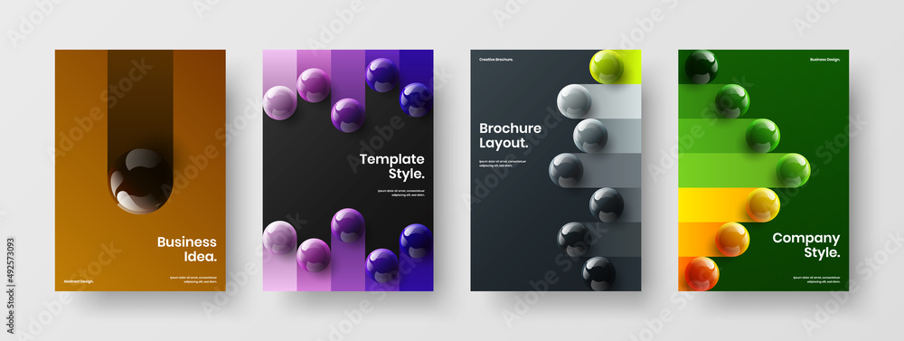 Simple 3D spheres leaflet illustration collection. Geometric company brochure A4 vector design layout composition.
