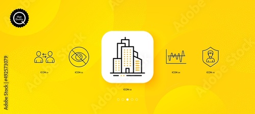 Security agency, Stock analysis and Skyscraper buildings minimal line icons. Yellow abstract background. Not looking, Communication icons. For web, application, printing. Vector