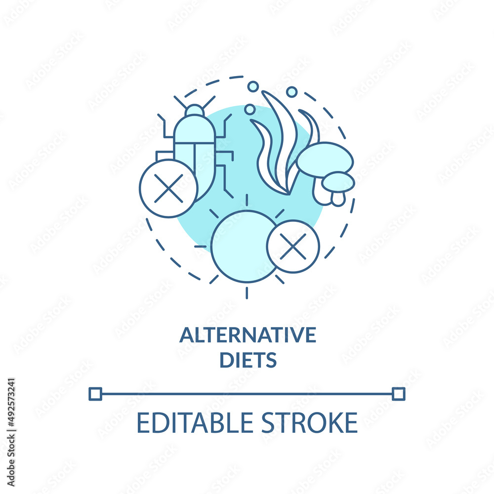 Alternative diets turquoise concept icon. Food security approaches abstract idea thin line illustration. Isolated outline drawing. Editable stroke. Arial, Myriad Pro-Bold fonts used