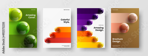 Geometric front page vector design template collection. Modern 3D spheres pamphlet layout bundle.