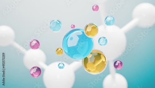 Fototapeta Naklejka Na Ścianę i Meble -  3d render of simple chemical bond in side cell or molecules. The associated of atoms, ions, bond and molecules. Liquid drop bubble background. Covalent bond. Biochemical interaction.