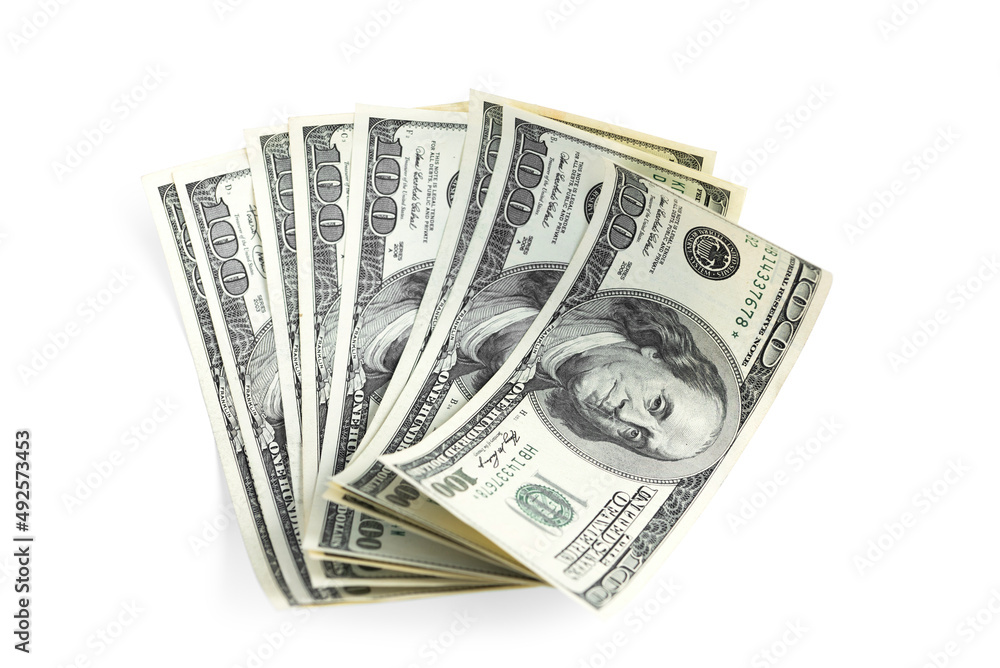A small stack of dollar bills fanned out on a white background. A small stack of dollar bills fanned out on a white background.