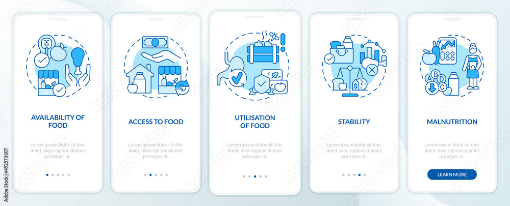 Food security basic definitions blue onboarding mobile app screen. Walkthrough 5 steps graphic instructions pages with linear concepts. UI, UX, GUI template. Myriad Pro-Bold, Regular fonts used Food security basic definitions blue onboarding mobile app screen. Walkthrough 5 steps graphic instructions pages with linear concepts. UI, UX, GUI template. Myriad Pro-Bold, Regular fonts used