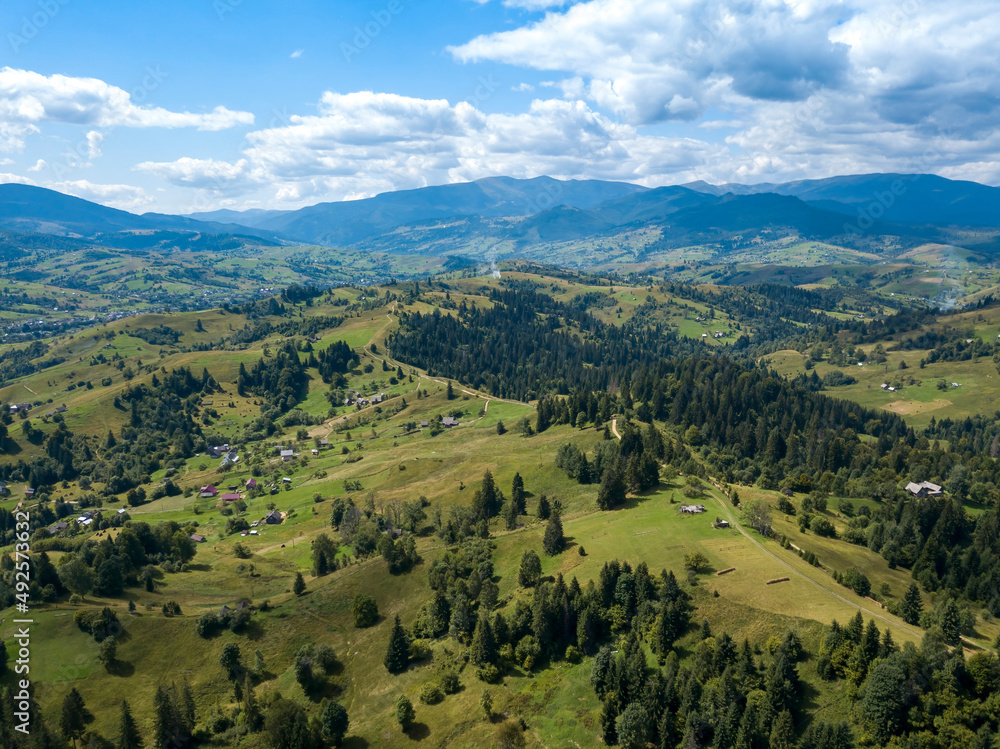Fototapeta premium Green mountains of Ukrainian Carpathians in summer. Coniferous trees on the slopes. Aerial drone view.