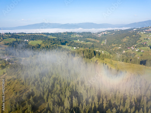 Ukrainian Carpathians mountains on a summer morning. Aerial drone view.