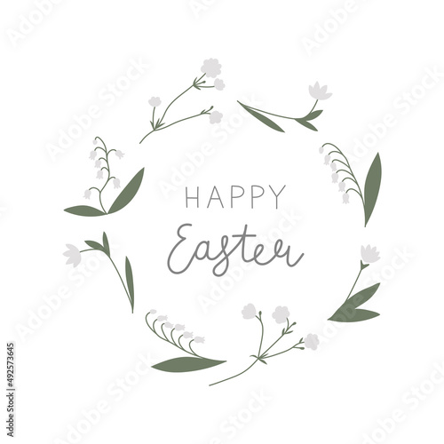 Happy Easter lettering. Vector color hand drawn illustration with spring flowers. For greeting card, poster, banner.