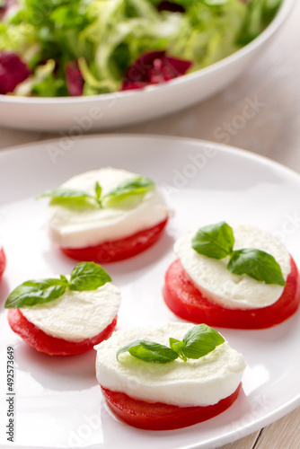 Caprese Salad with tomatoes, basil, mozzarella, olive oil. Mediterranean, organic and natural food concept