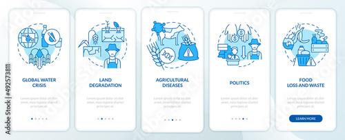 Challenges to achieving food security blue onboarding mobile app screen. Walkthrough 5 steps graphic instructions pages with linear concepts. UI, UX, GUI template. Myriad Pro-Bold, Regular fonts used