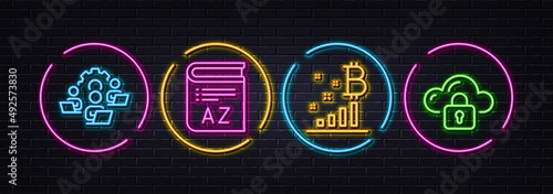 Teamwork, Bitcoin graph and Vocabulary minimal line icons. Neon laser 3d lights. Cloud protection icons. For web, application, printing. Remote work, Cryptocurrency analytics, Book. Vector